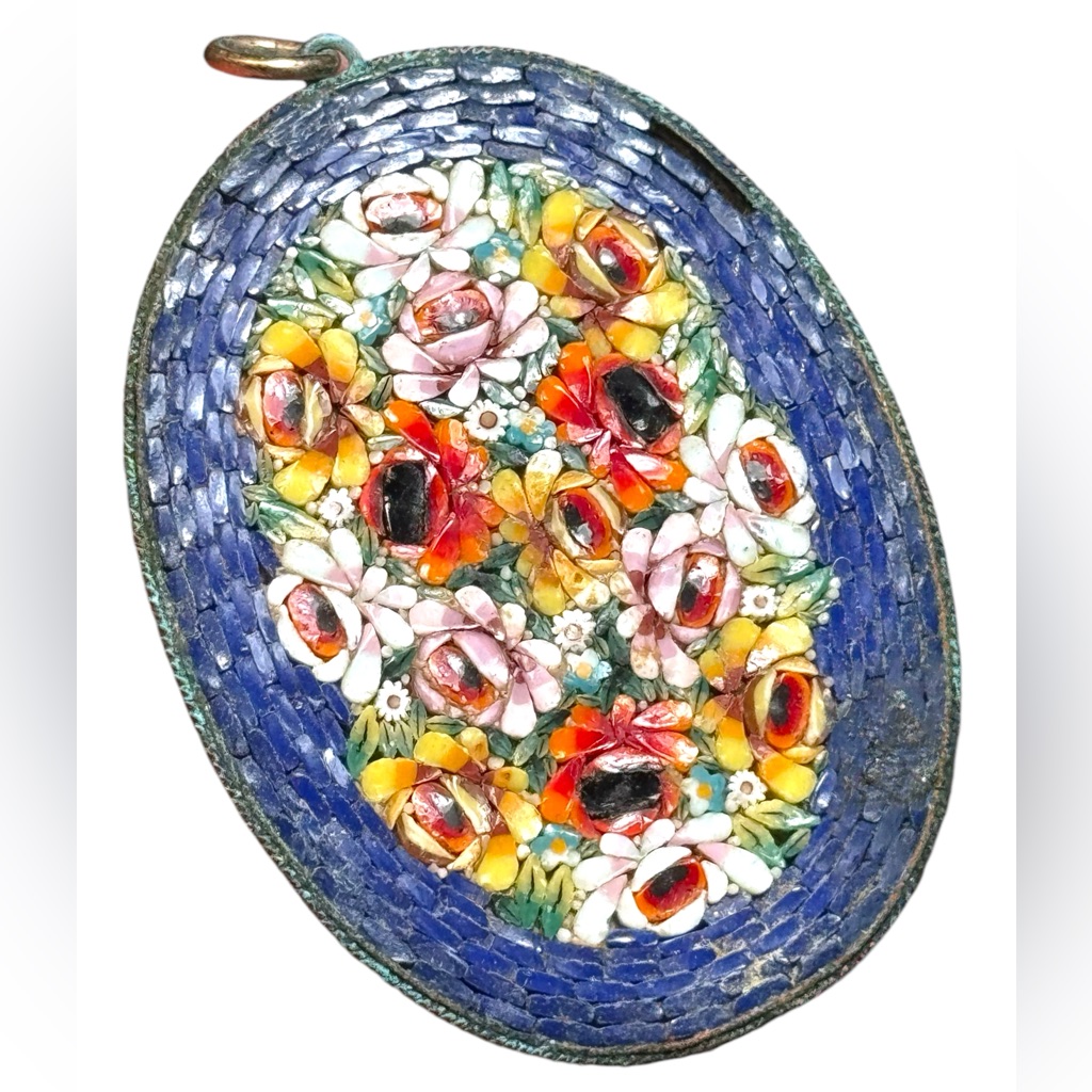 Large Early Italy 20thc Micro Mosaic Glass Flower Handmade Pendant